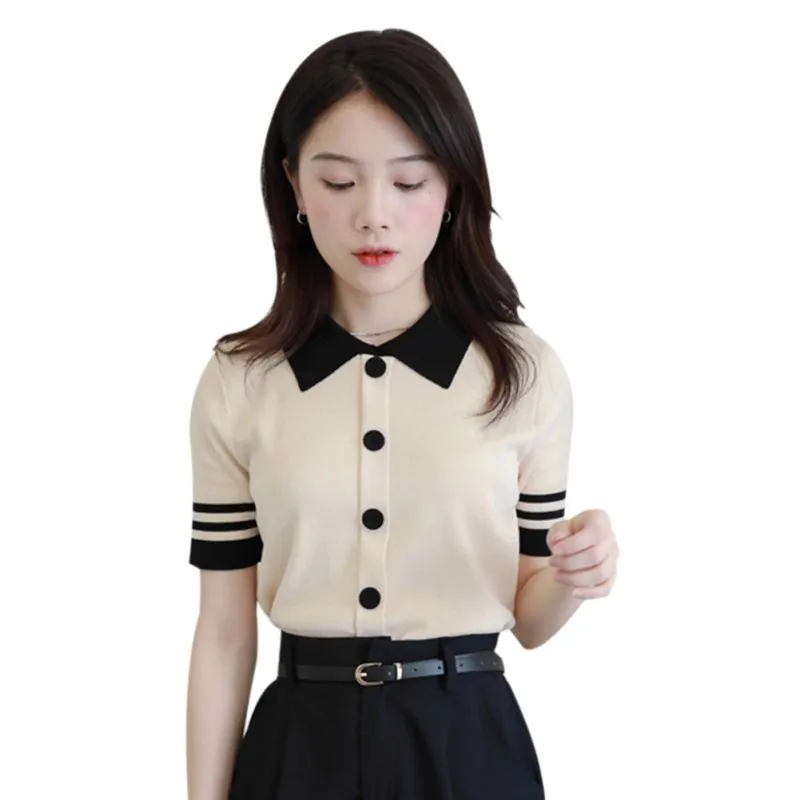 Женский вязаный Топ с отложным воротником и пуговицами Свободный пуловер