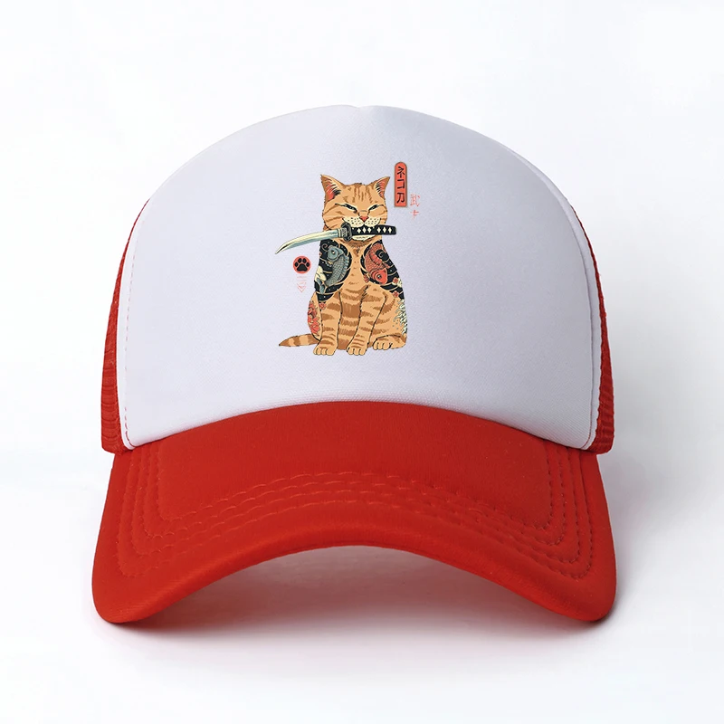 

90S Japanese Anime red Cat Casual Plain Mesh Baseball Cap Adjustable Snapback Hats for Women Men Hip Hop Advertising Cap