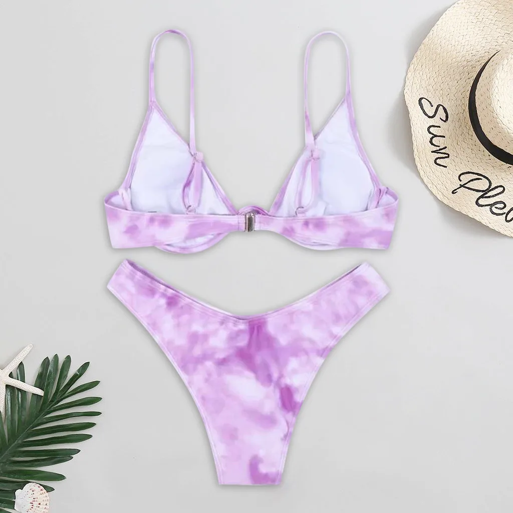 

Women Tie-Dye Print Graffiti Bikini Push-Up Swimsuit Beachwear Padded Dinosaur Print swimming Suit Bandage Sexy Summer Bathing