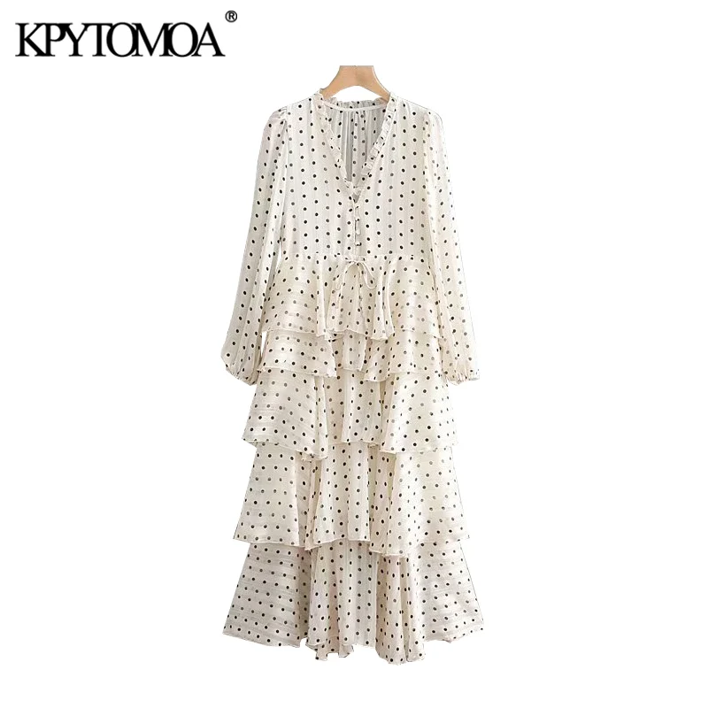 Женское винтажное платье макси с оборками в горошек v образным вырезом и длинным