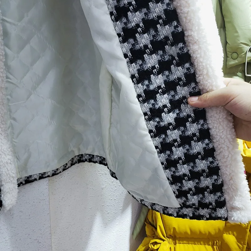 

New Women Spliced Lambswool Cotton Jacket Lapel Single-Breasted Thickening Female Tweed Houndstooth Loose Warm Coat Streetwear