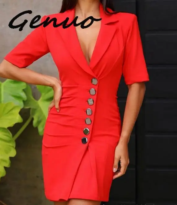 

Genuo New 2019 Women V Neck Button Ruched Detail Single Breasted Bodycon Slim Sexy Elegant Summer New Top Selling Blazer Dresses