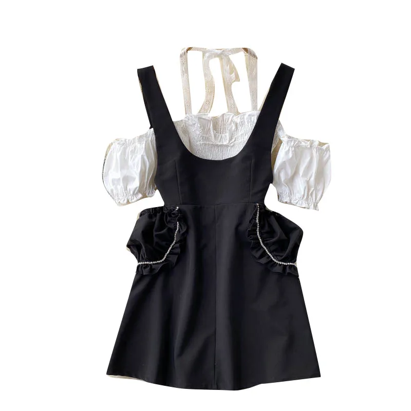 

Summer New Fashion Suit Women's Halter Neck Short Top Women's All-match Age Reduction Suspender Skirt Sweet Two-piece Suit GL616