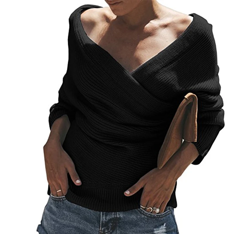 Сексуальный свитер с v-образным вырезом и длинным рукавом открытыми плечами