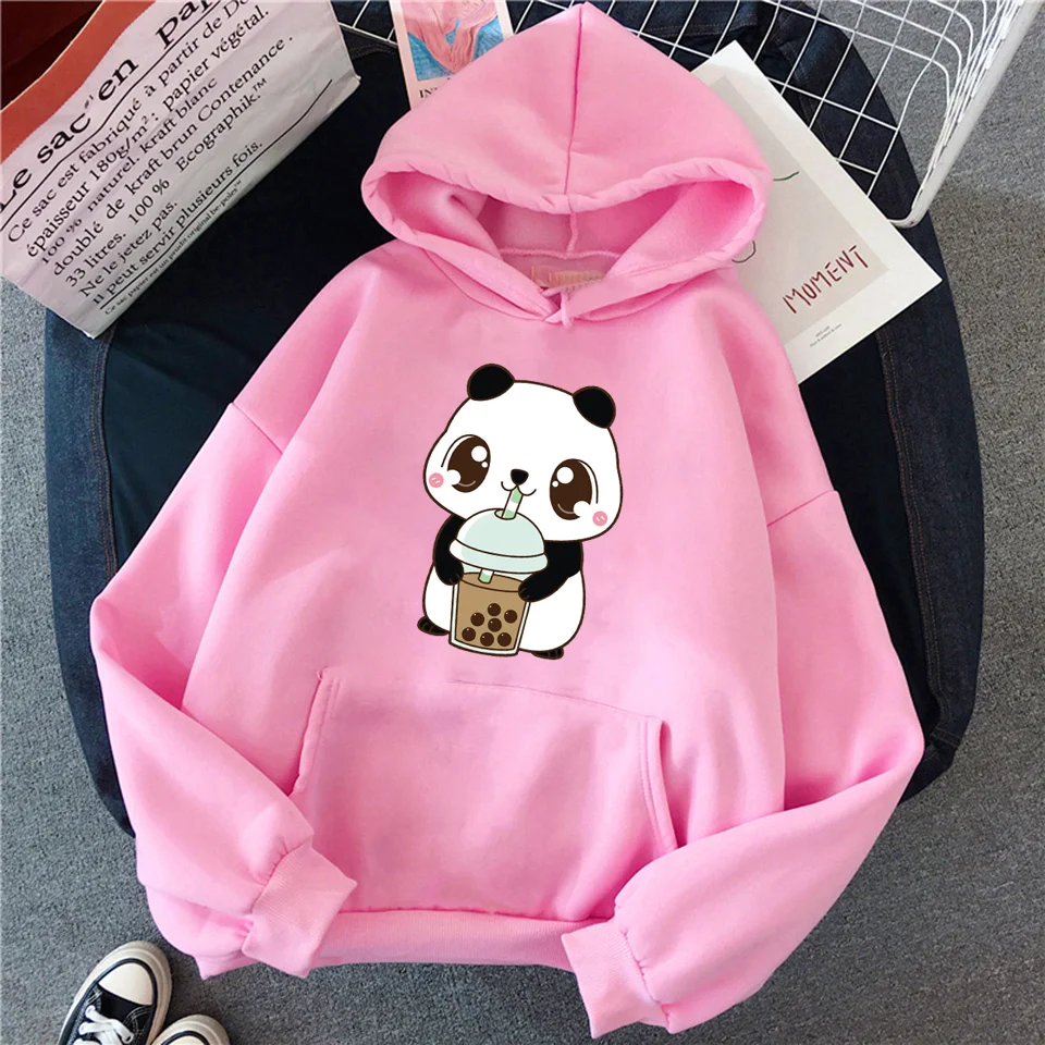 Girls Hoody Cute Little Panda Drinking Milk Tea Print Hoodie Streetwear Winter Clothes Cartoon Oversized Loose Sweatshirts Women