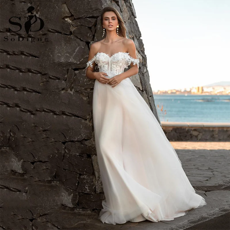 

SoDigne 2021 Beach Wedding Dress Off the Shoulder Lace Appliques Tull Wedding Gowns Boho Corset Bridal Dresses Plus Size