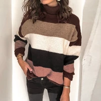 women patchwork stripe print knitted sweater casual turtleneck long sleeve pullover top 2021 autumn winter loose sweaters jumper