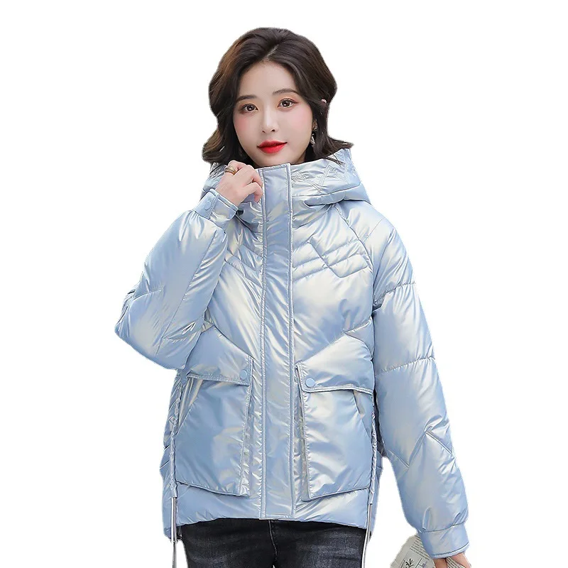 2021 New Winter Jacket Women Short Parkas Casual Female Thicken Warm Windprood Shiny Bright Hooded Winter Coat Outwear