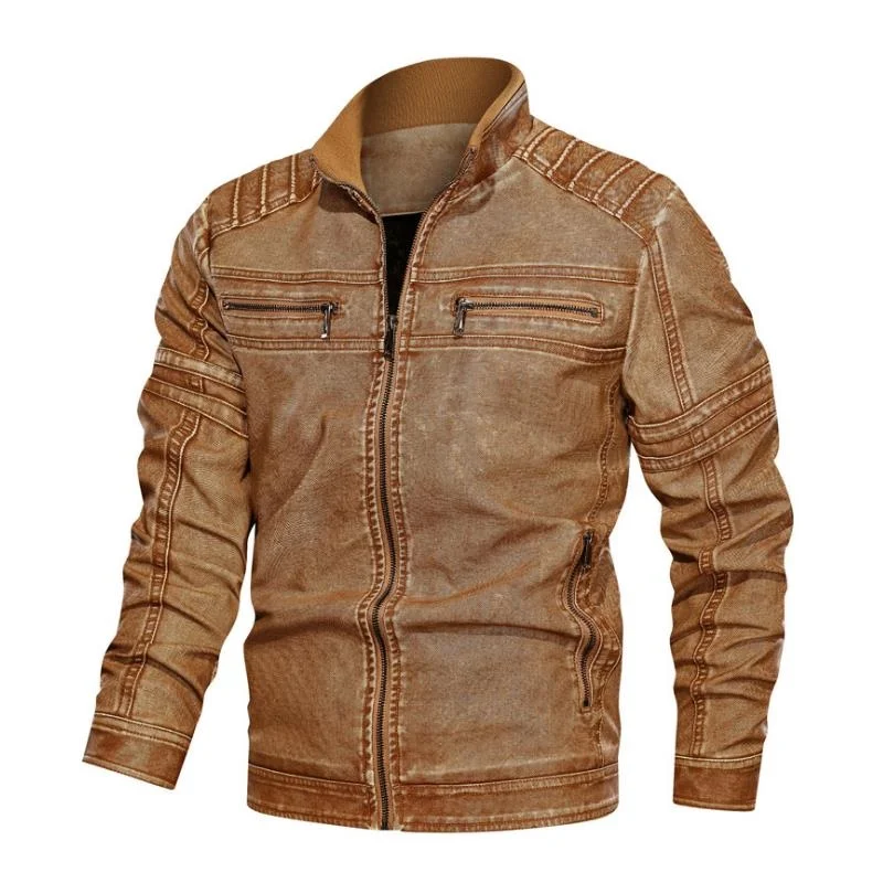 

Autumn and winter 2019 new men's casual PU leather jacket large stand collar worn leather jacket men