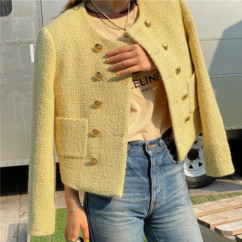 Женская твидовая куртка с круглым вырезом элегантная двубортная для ранней