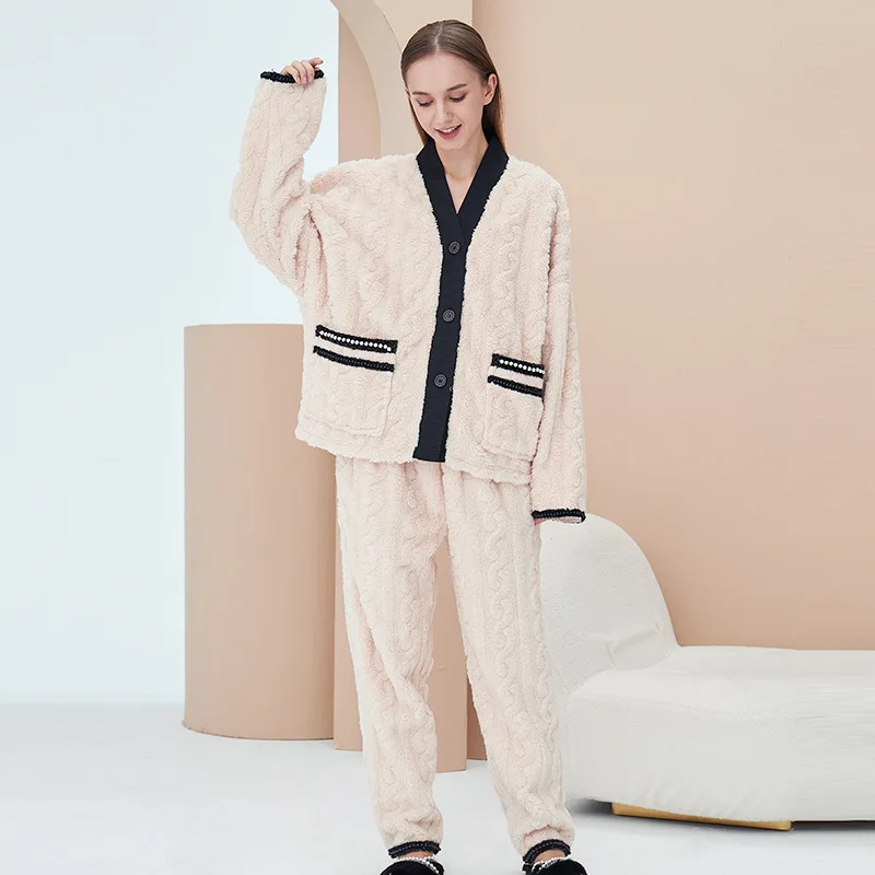 

Apricot Coral Velvet Women's 2PCS Pajamas Suit Winter New Warm Sleepwear Thicken Loose Nightwear Casual Fashion Home Clothes