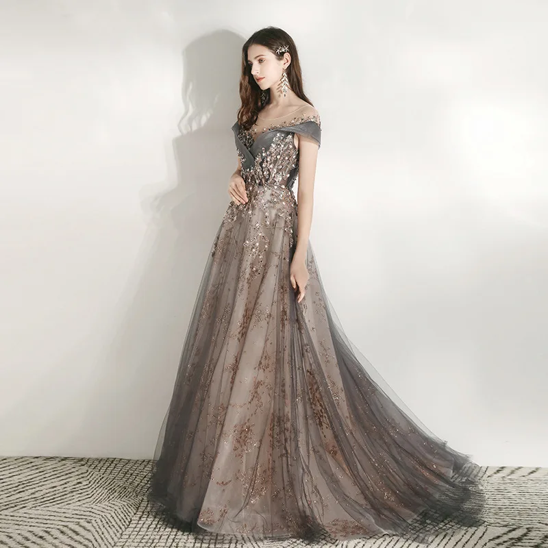 Fashion new luxury long evening dress banquet elegant sequins appliques beading prom formal gown vestidos de fiesta de noche