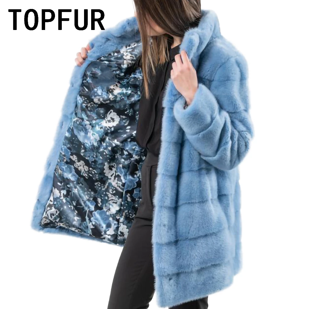 TOPFUR Import Blue Natural Mink Fur Coat Luxurious Round Neck Basic Jacket Loose Fashion Real Fur Coat Woman Outwear Customized