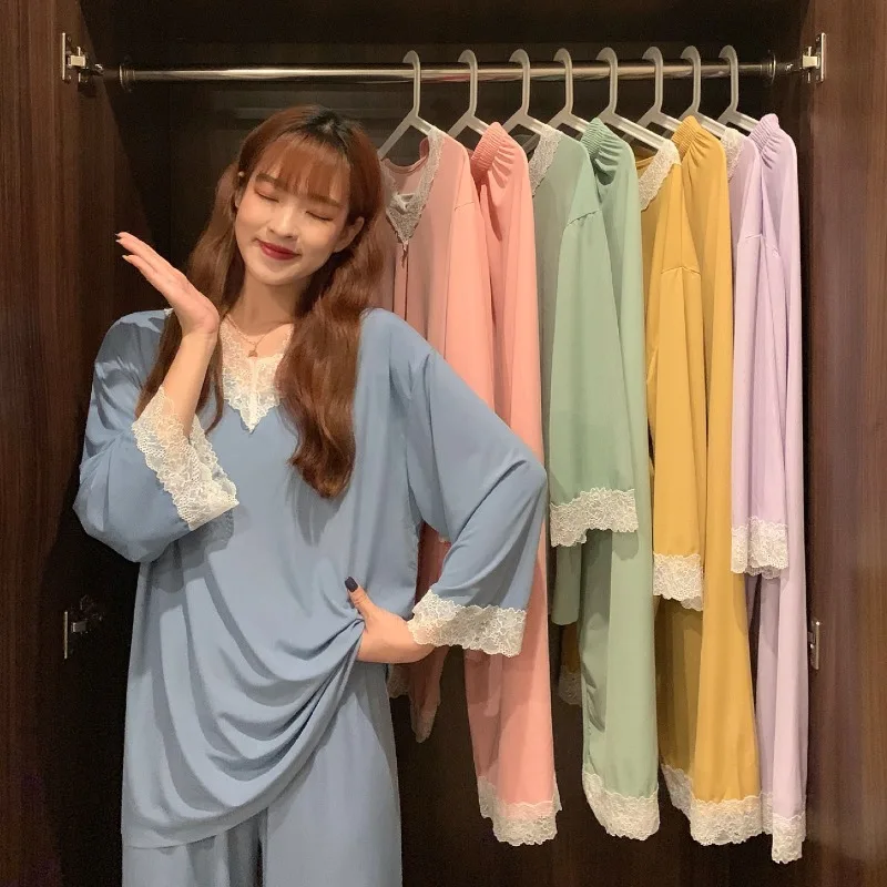 

Autumn Pajamas New Long-Sleeved Pajamas Women's Simple V-Neck Lace Princess Fresh Casual Home Service Suit