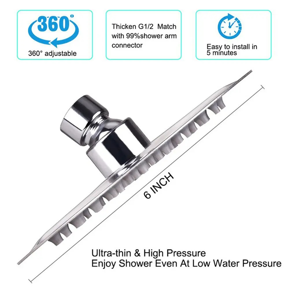 

Shower Head 6 Inch Round High Pressure Shower Head Stainless Steel Shower Head 360 Degree Adjustable Rainfall Shower Head