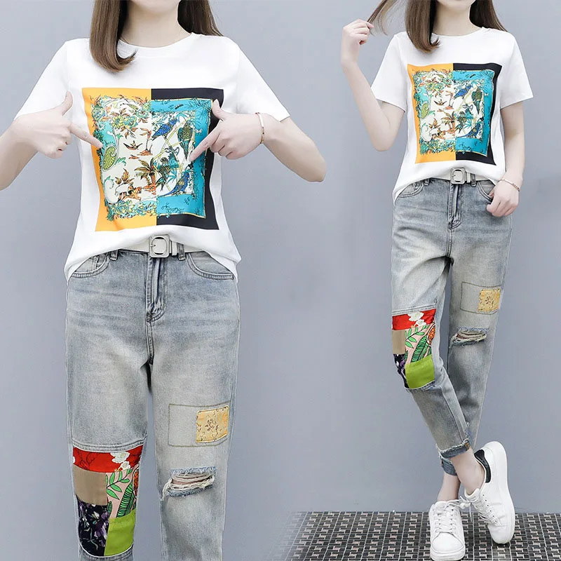 

Женский летний костюм с принтом, футболка с коротким рукавом и рваные джинсы, комплект одежды большого размера, 2021