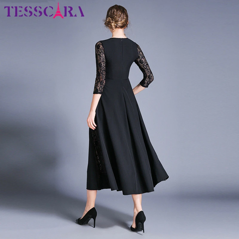 TESSCARA, женское элегантное кружевное платье, праздничное, женское, высокое качество, длинное, офисное, вечерние, роковой, пэчворк, дизайнерское, черное, Vestidos