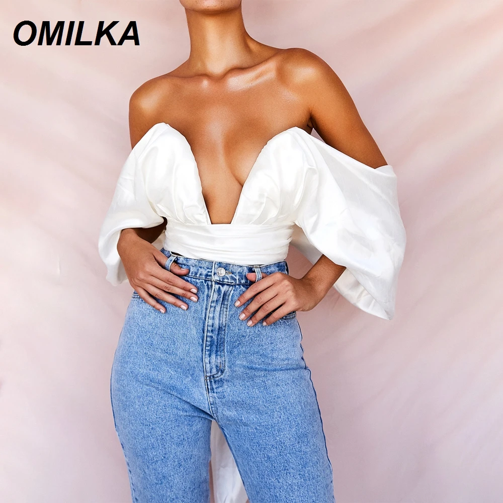 

OMILKA Puff Sleeve Strapless Tops 2019 Autumn Women Off the Shoulder White Backless Bow Lace Up Blouses Tops
