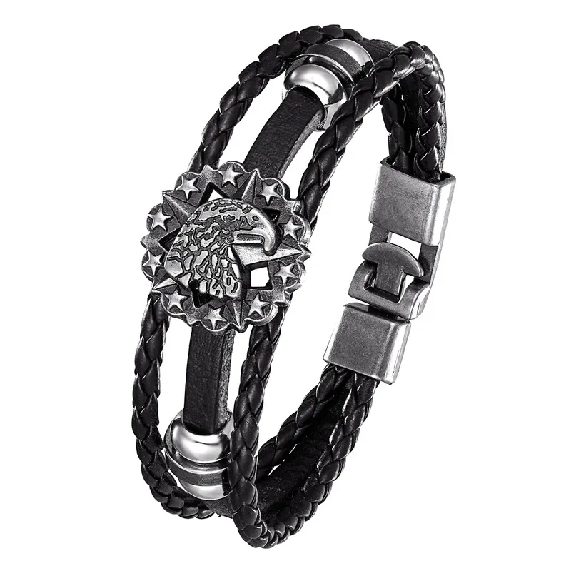 Новый стиль Lucky винтажный кожаный браслет для мужчин с головой орла многослойная