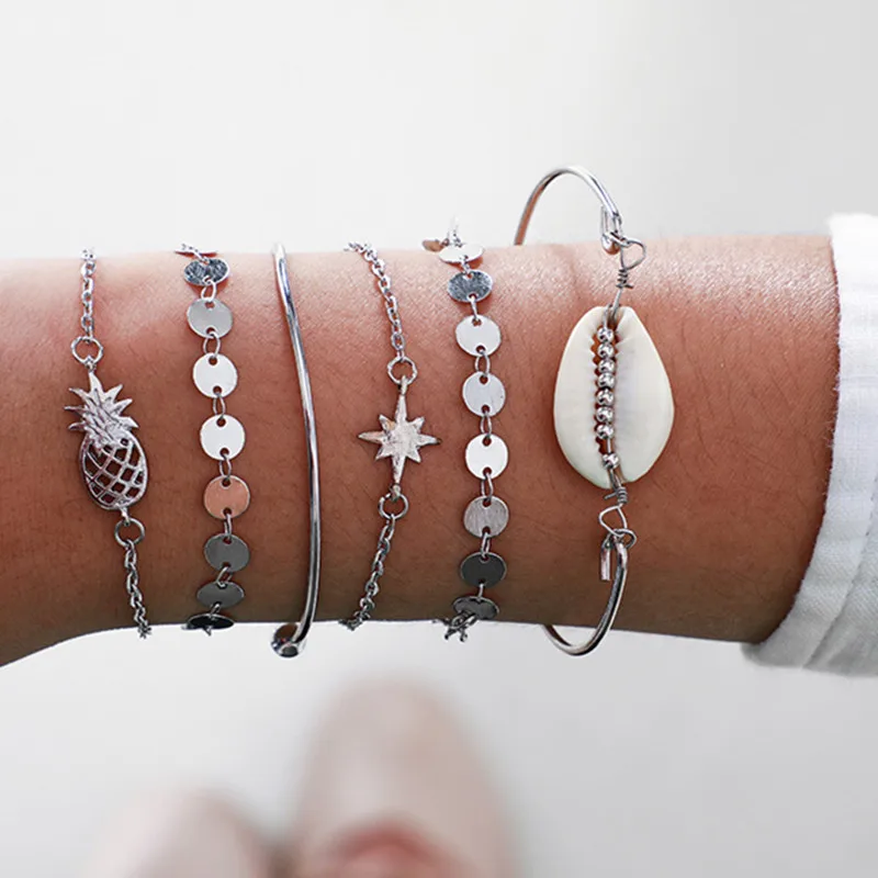 DIEZI 6pcs/set Fashion Vintage Pineapple Star Shell Bracelets &amp Bangles Silver Metal Chain Bracelet Sets For Women New Jewelry |