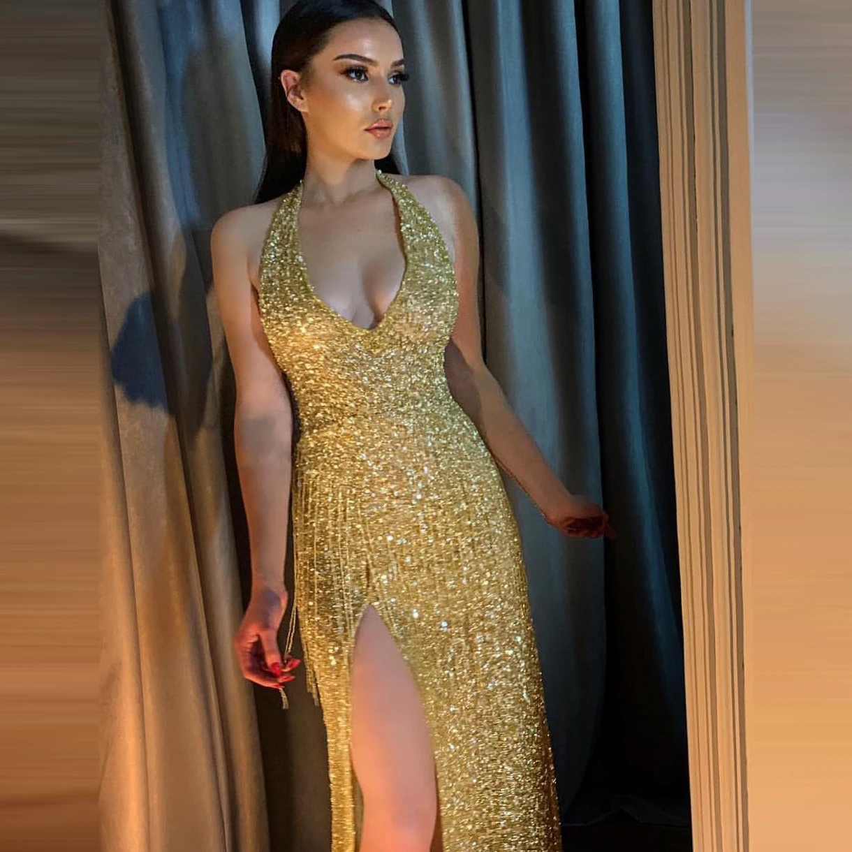 Блестящие золотые платья для выпускного вечера с блестками бисером кисточками