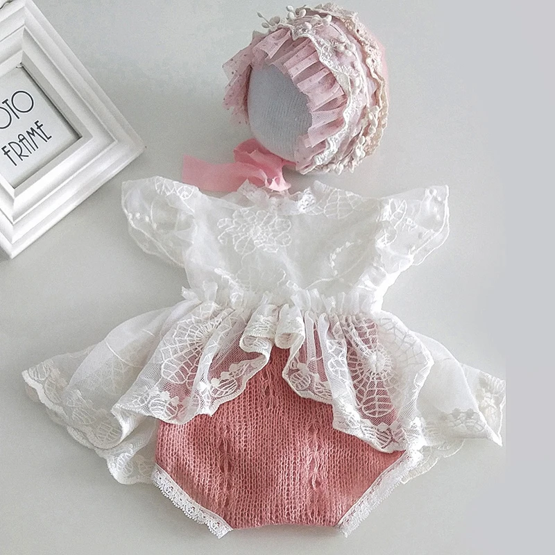 newborn  photography  girls outfits  baby 0-3 clothes Hat and skirt set one-piece garment summer wool and lace stitching