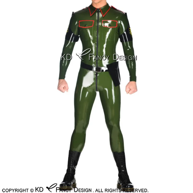 Сексуальный латексный костюм в стиле милитари с повязками и ремнем резиновый