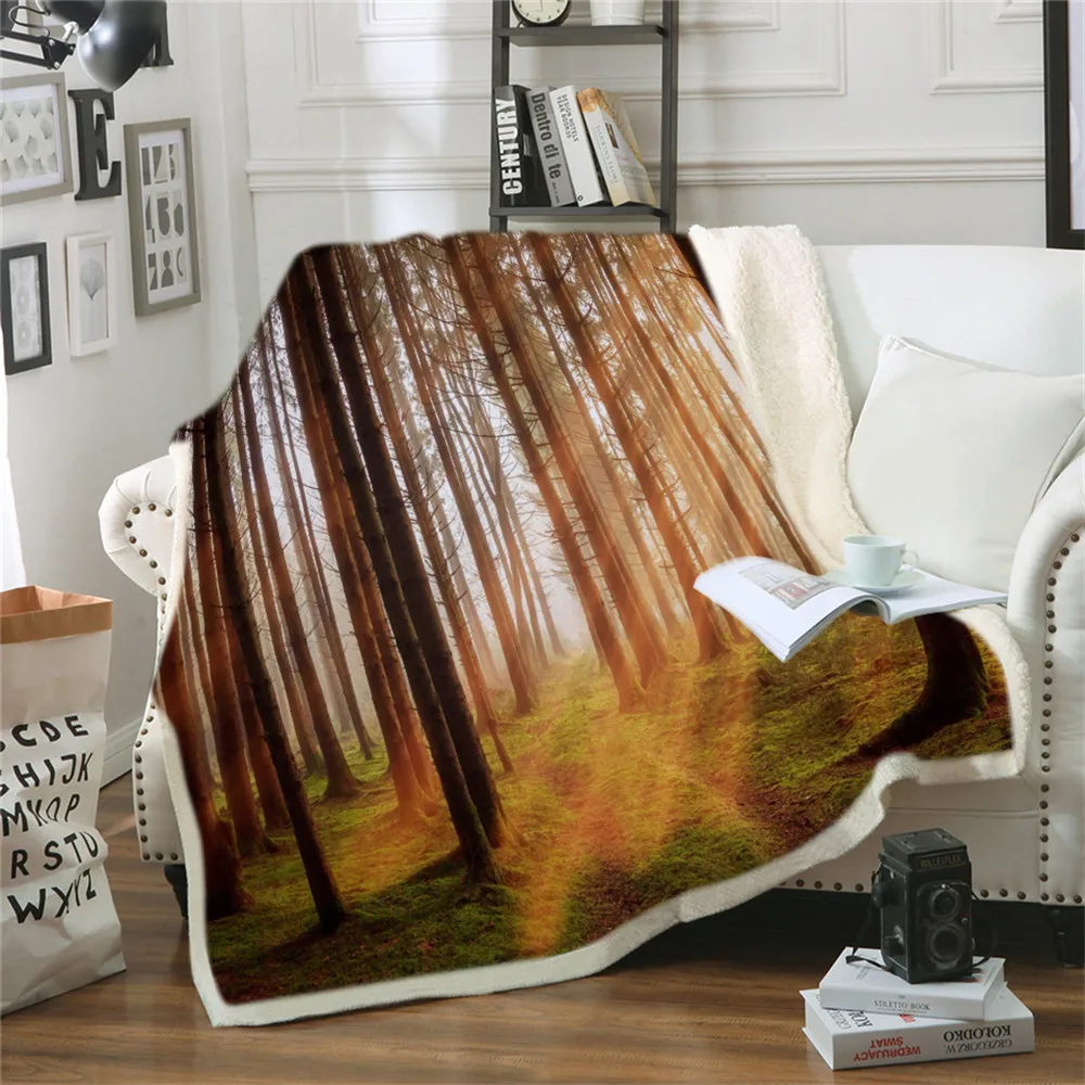 

Fashion Nature Blankets For Bed Autumn Forest Leaf Sherpa Blanket Morning Scenery Mantas Trees Landscape Fashion Blanket