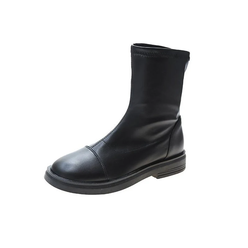 

Winter black botas mujer flock/soft pu leather tube mid-calf botines sew slip on skinny bottes chunky med high heels boots women