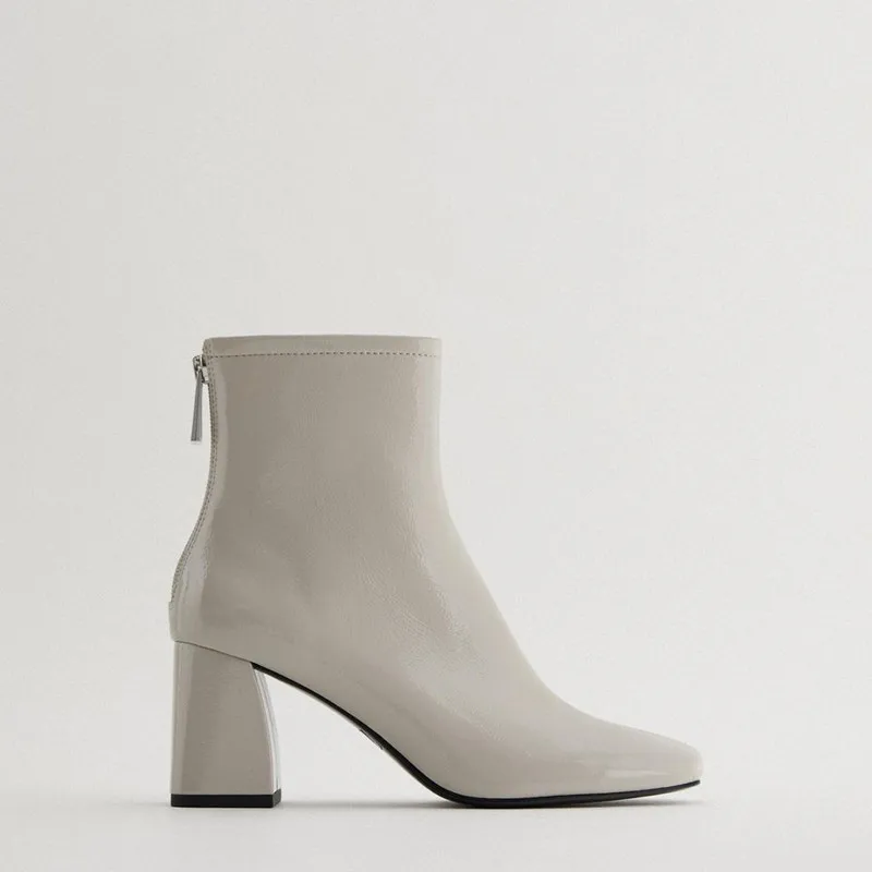 

2020 Autumn Winter New Women's shoes, Grey chunky heel, Square toe, Nude boots, high-heeled fashion Back Zipper ankle boots