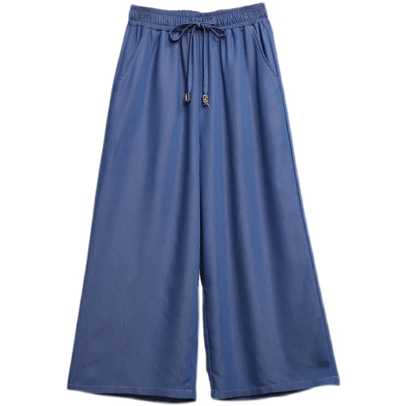 

Summer Women Ice Silk Seven Points Wide-legged Pants Fashion Casual Female Loose Elastic Waist Culottes Plus Size L-5XL