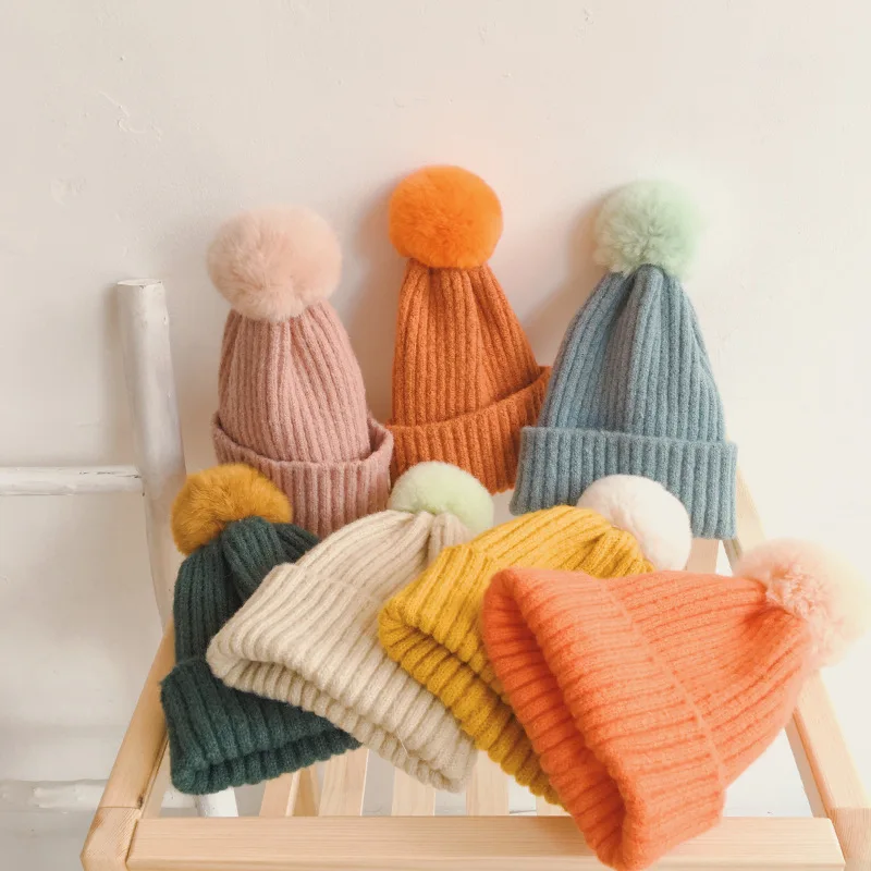 Gorro de punto con pomp&oacute;n para beb&eacute;, gorro c&aacute;lido para invierno, lana suave, Color s&oacute;lido, pomp&oacute;n de piel de conejo, 13 colores-0