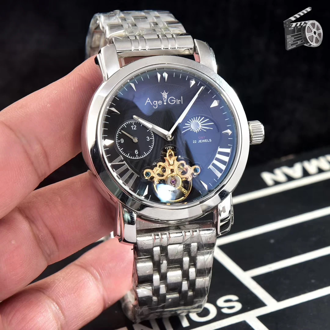 

Classic New Men Automatic Mechanical Sapphire Stainless Steel Rose Gold Black MoonPhase Luminous Rome Tourbillion Watch