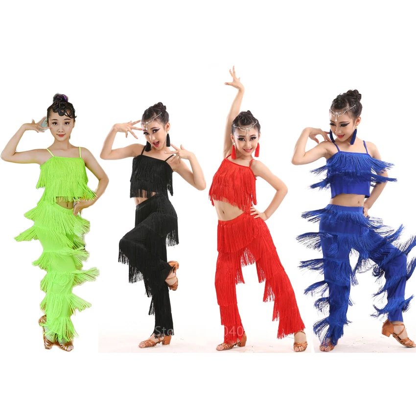 

Latin Dance Dresses Ballroom Fringe Tassel Dress Pants Sequin Fringe Salsa Samba Costume Kids Children Girls Height 110 -170cm