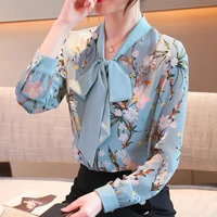 brand womens wear 2021 new floral shirt womens long sleeve bow fashion printed chiffon shirt