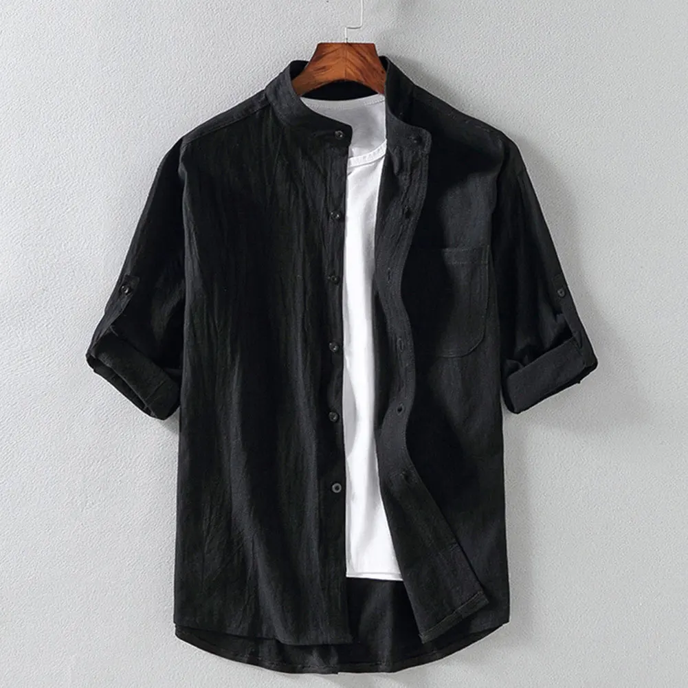

2020 Fashion Men Linen Cotton Short Sleeve Shirts Summer Beach Holiday Loose Stand Collar Casual Shirts Solid Top