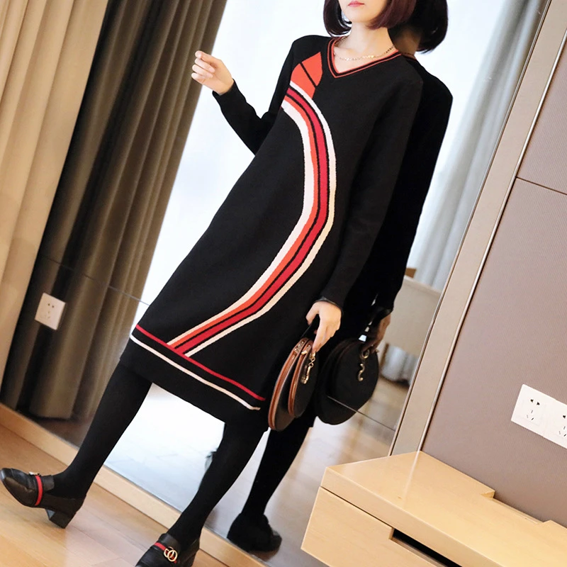 

Brand Designer Runway Dress 2020 Long Sleeve Casual Midi Print Fringe Dress Ladies V-neck Autumn Winter Dress Knitted Black Ropa