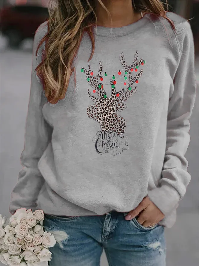 

Leopard Deer Head Printed Hoodies Women Fleece Long Sleeve O Neck Loose Sweatshirt Girls Women Hoodie Pullovers Winter Autumn