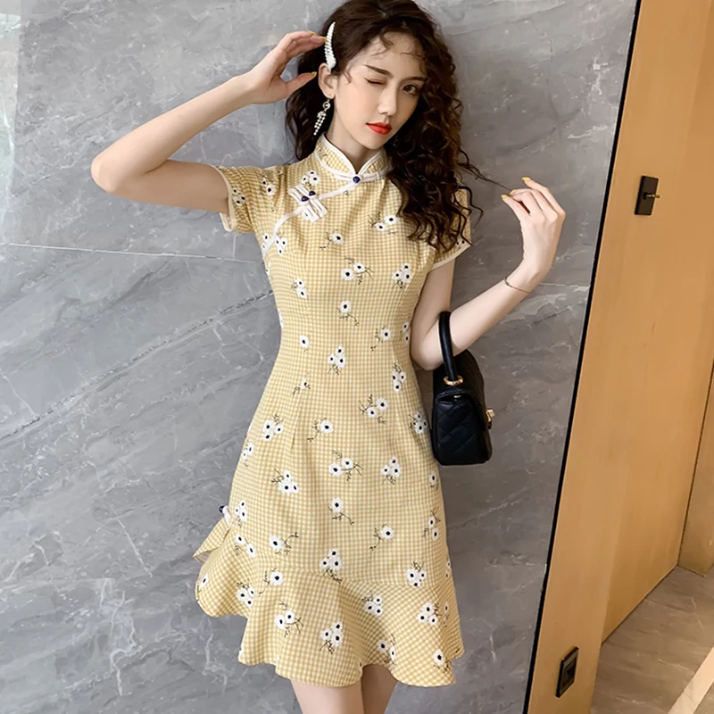 

Женское винтажное платье с коротким рукавом, клетчатое пляжное повседневное облегающее платье мини вечерние китайском стиле, элегантное в...