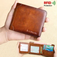 mens rfid blocking genuine leather wallet bifold vintage slim short multi function large capacity cow skin purse money clip