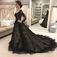 gothic black lace wedding dresses vintage long sleeve v backless a line long trail bridal gowns vestidos de noiva customized