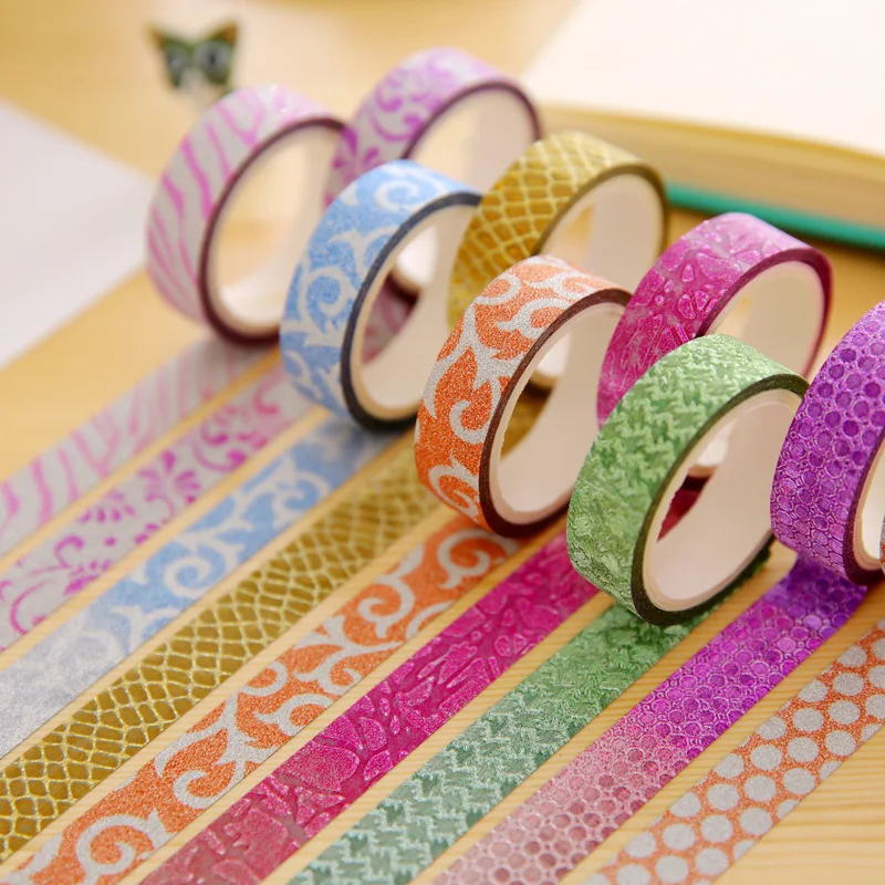 10 pcs/Lot Candy color Glitter masking tapes Shining stickers 15mm*3m decorative for scrapbooking Stationery FJ141 | Канцтовары для
