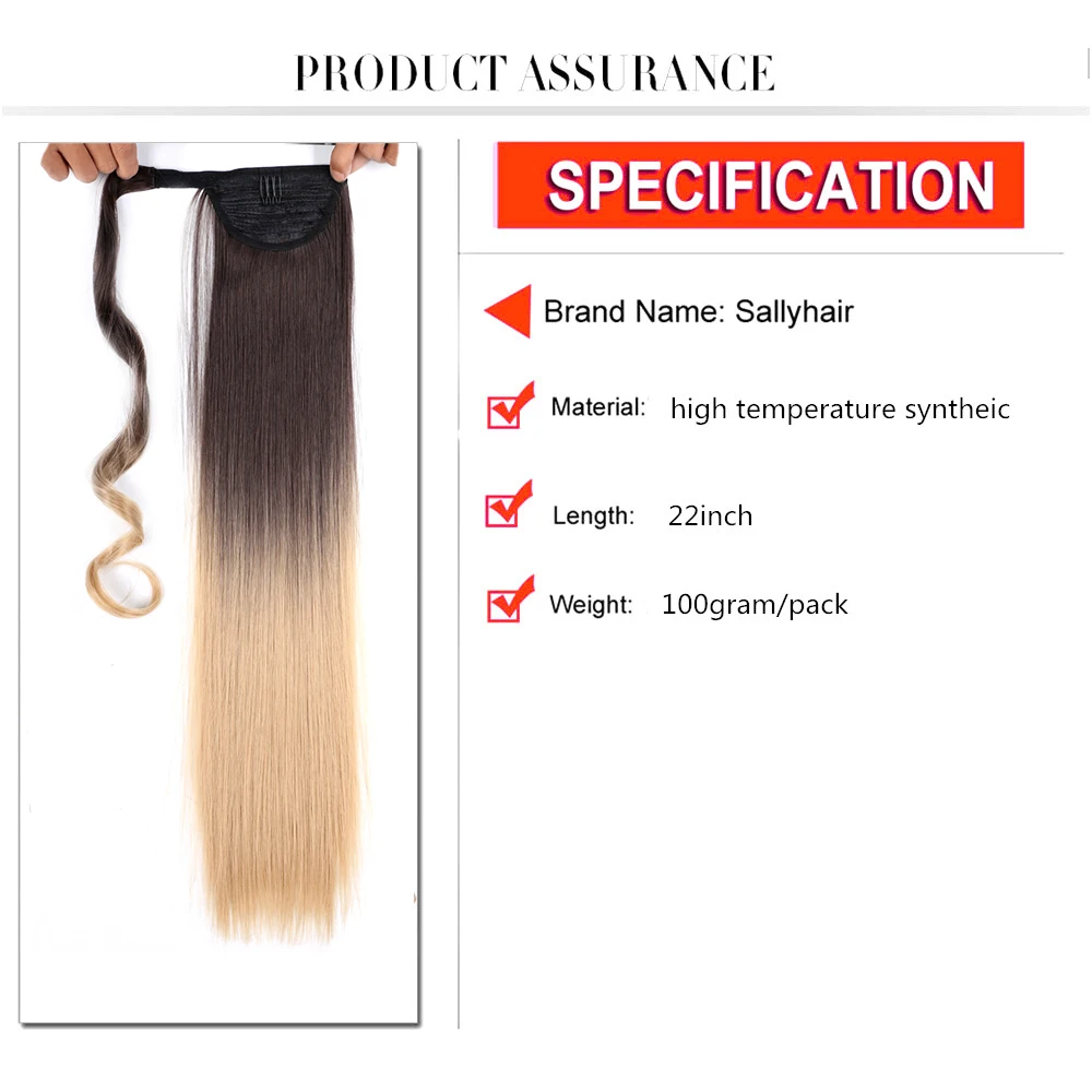 Sallyhair 22Inches Long Straight Wrap Velcro Clip In Ponytail Hair Extensions Heat Resistant Synthetic Pony Tail Fake | Шиньоны и