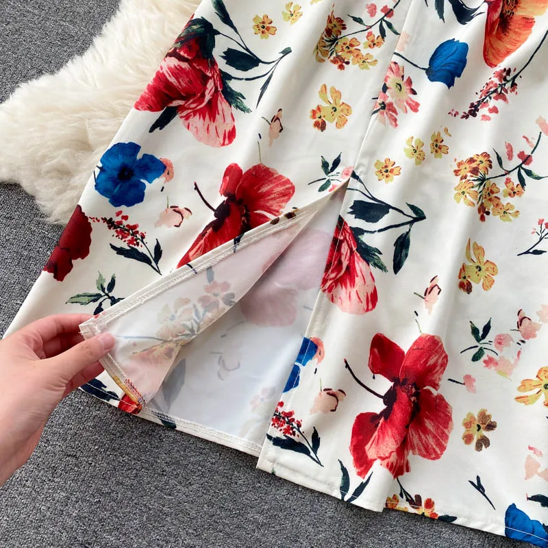 

Spaghetti Dresses Summer 2021 New Style Wooden Ear Mid-length Elegant Printed Bodycon Dress Holiday Sundress Sexy Dress Women
