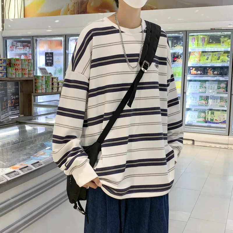 

100% Cotton White Black Striped Men T Shirt Long Sleeve O Neck Autumn Apring Cool Fashion Top Korean Style Harajuku Clothing New