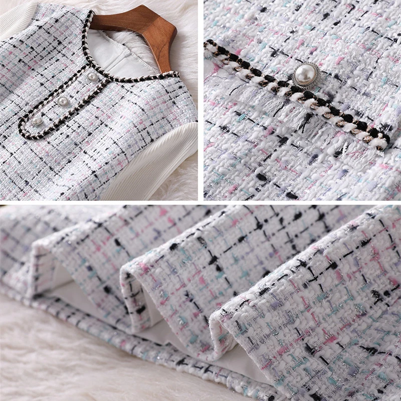 

New 2019 Europe Fashion Woman Autumn Winter Dresses Runway Designers Knitted Sleeves Patchwork Casual Tweed Woolen Dress Vestido