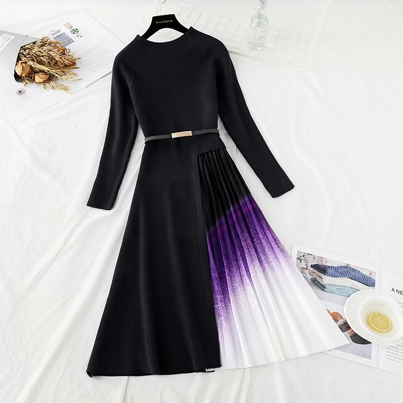 

Autumn Winter Knitted Patchwork Gradient Pleated Dress Women Elegant One-Piece Sweater Dress Office Work Sashes Midi Vestidos