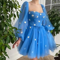 real blue flowers princess puff sleeves prom homecoming formal party robe de soiree celebrity vestidos fiesta engagement