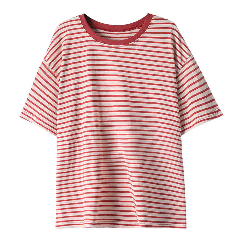 

2021new Loose Belly-Covering Top Slimming Versatile Vintage Stripe Harajuku Style Short Sleeve T-shirt Female Ins Fashion