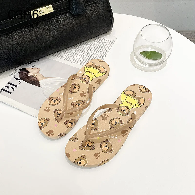 

beach Flat Flip-Flops Women Shoes 2021 New Summer Print Outer Wear Beach Flip Sandals and Slippers ins Cartoon bear orange black